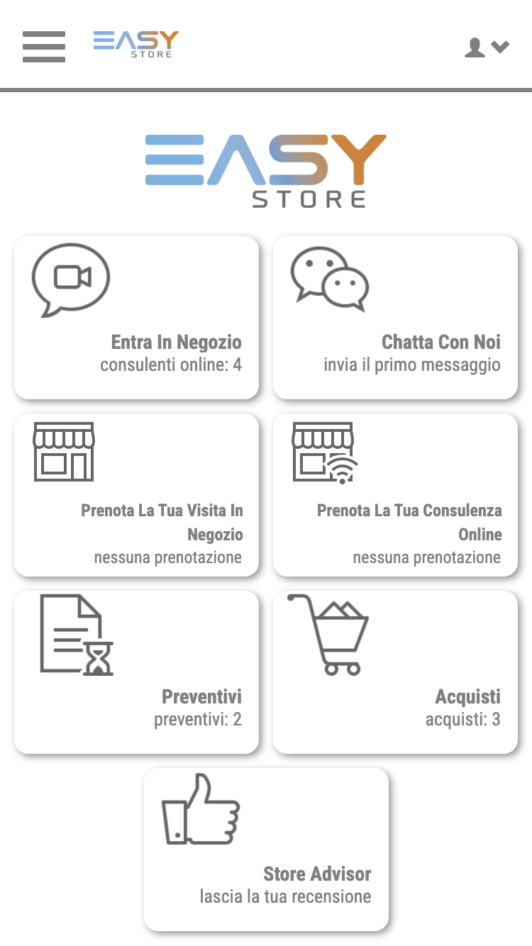 La schermata reale di Easy Virtual Store con video chat, appuntamenti, preventivi, acquisti e recensioni